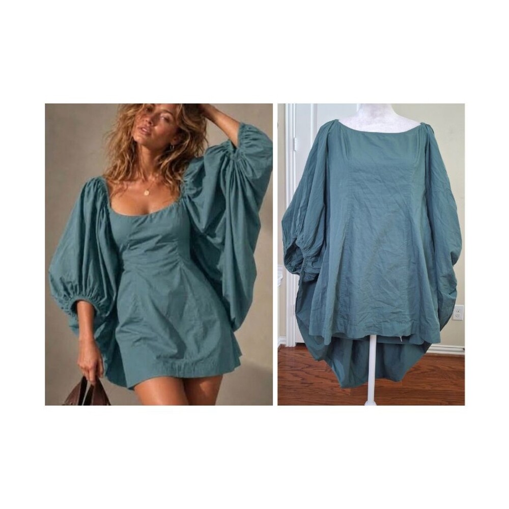 NEW Free People Free-Est Bold Bali Cape Mini Dress Teal M Boho Preppy Vacation